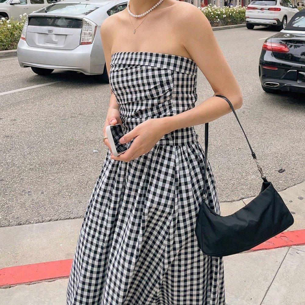 Black & White Preppy Womens Gingham Print Tube Dress - Picture 3 of 5